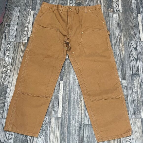 🔥🔥 Vintage CARHARTT DOUBLE KNEE Denim Canvas Workwear Cargo Pants Sz 44x32 - E - Picture 4 of 13